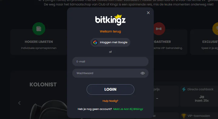 Bitkingz Casino inlogvenster met Google-login, e-mailadres, wachtwoord en een optie om een nieuw account aan te maken