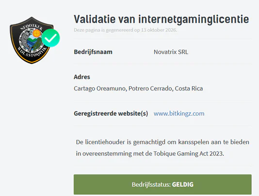 Bitkingz Casino validatie van de Tobique Gaming-licentie voor Novatrix SRL met een geldige bedrijfsstatus